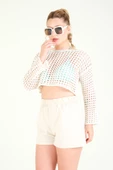 Kadın File Crop Bluz Ekru - 4