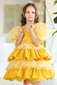 Kız Çocuk Çiçek Detaylı Katkat Fırfırlı Sarı Abiye thumbnail 1