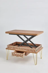 kolexonline Melek-1 Lüx Gold Metal Ayaklı Çekmeceli Akıllı Sehpa, Çalışma Masası, Yemek Masası, Çam Gold thumbnail 1