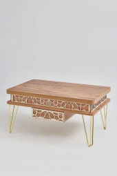 kolexonline Melek-1 Lüx Gold Metal Ayaklı Çekmeceli Akıllı Sehpa, Çalışma Masası, Yemek Masası, Çam Gold thumbnail 2