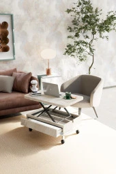 kolexonline Oslo Ahşap Orta Sehpa Tekerli Ve Çekmeceli Antik Beyaz Renk thumbnail 3