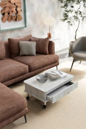 kolexonline Oslo Ahşap Orta Sehpa Tekerli Ve Çekmeceli Antik Beyaz Renk thumbnail 5