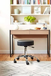 Depolife Krom Ayaklı Ofis Kasiyer Taburesi 360 Derece Tekerlekli Deri Döşeme Oturak Eczane Laboratuvar Siyah - 3