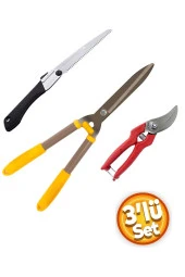 Depolife Ağaç Dal Kesme Katlanır Testere Çim Çit Ot Kesme Bahçe Düzenleme Ahşap Saplı Makası 3 Parçalı Set thumbnail 1