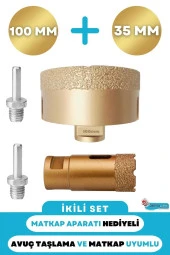 35mm + 100mm Granit Mermer Seramik Beton Taş Delme Panç Spiral Avuç Taşlama Matkap Uyumlu M14 Aparat thumbnail 1