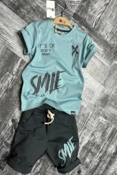 Smile Yazı Desenli Yeşil Renk Erkek Çocuk Şortlu Takım - 1