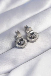 316L Çelik Gümüş Renk Zirkon Taşlı İç İçe Geçmeli Oval Küpe - EBJ240629W25034 thumbnail 1