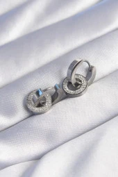 316L Çelik Gümüş Renk Zirkon Taşlı İç İçe Geçmeli Oval Küpe - EBJ240629W25034 thumbnail 2