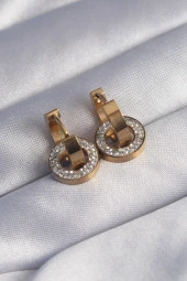 316L Çelik Gold Renk Zirkon Taşlı İç İçe Geçmeli Oval Küpe - EBJ240629W25035 thumbnail 2