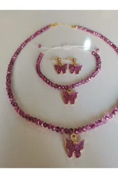 MİNİK ADIMLAR Kristal Kolye & Bileklik Ve Kelebek Top Küpe - 5