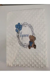 MİNİK ADIMLAR İsme Özel Nakışlı Bebek Battaniye İsimli Balonlu Sevimli Ayıcıklı Bebek Battaniyesi - 1