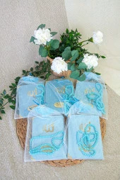 5 Adet Keseli Tesbihli İsim Baskılı Kadife Kaplı Yasin Mevlüt Kitabı Seti Hediyesi Mavi thumbnail 1