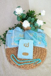 5 Adet Keseli Tesbihli İsim Baskılı Kadife Kaplı Yasin Mevlüt Kitabı Seti Hediyesi Mavi thumbnail 2