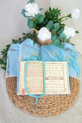 5 Adet Keseli Tesbihli İsim Baskılı Kadife Kaplı Yasin Mevlüt Kitabı Seti Hediyesi Mavi thumbnail 3