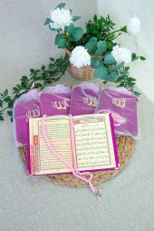 5 Adet Keseli Tesbihli İsim Baskılı Kadife Kaplı Yasin Mevlüt Kitabı Seti Hediyesi Fuşya thumbnail 4