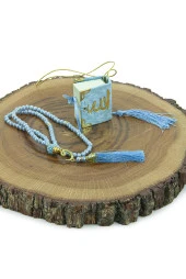 10 Adet İsme Özel Kutulu İnci Tesbihli Kadife Kaplı Mini Kuran Mevlüt Hediyesi Mavi thumbnail 4