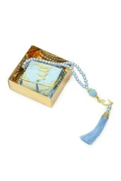 10 Adet İsme Özel Kutulu İnci Tesbihli Kadife Kaplı Mini Kuran Mevlüt Hediyesi Mavi thumbnail 5