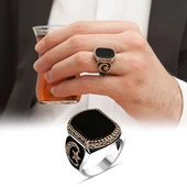 Oniks Taşlı Ayyıldız Desenli Gümüş Erkek Yüzük - 6