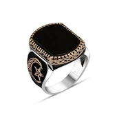 Oniks Taşlı Ayyıldız Desenli Gümüş Erkek Yüzük - 8