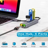 PrimeX PX-5224 Type C To Ethernet Gigabit, Type C to Rj45 + 3 Port USB3.0 Hub Çoklayıcı Adaptör(Type C Çıkışlı Tüm Bilgisyarlar) thumbnail 2