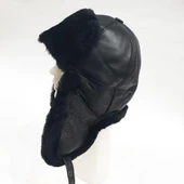 Pilot Model İçi Kürklü Siyah Renk Deri Şapka - 1