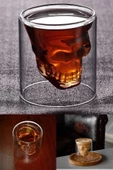 3'lü Kuru Kafa Viski Shot Bardağı Çift Cidarlı Bardak Kristal Skull Tasarım Kokteyl - 3