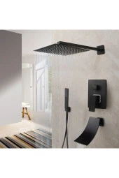 Banyo Bataryası Ankastre Duş Seti Mat Siyah 30x30cm Tepe Duş Yeni Şelale Ürün 5 Yıl Garantili thumbnail 2