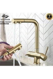 Mutfak Evye Bataryası Dual Flow Su Arıtma Çıkışlı Spiralli Fiskiyeli 7 Yıl Garantili Ithal Mat Gold thumbnail 1