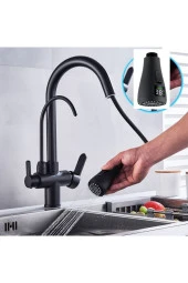 Mutfak Evye Bataryası Dual Flow Su Arıtma Çıkışlı Dijital Sıcaklık Led Fiskiye Mat Siyah Ithal - 1
