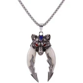 Doğal Tibet 6,5cm Kurt Çift Dişli Kolye Beyaz Diş Kırmızı Göz - 1