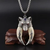 Doğal Tibet 6,5cm Kurt Çift Dişli Kolye Beyaz Diş Kırmızı Göz - 3