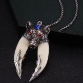 Doğal Tibet 6,5cm Kurt Çift Dişli Kolye Beyaz Diş Kırmızı Göz - 4