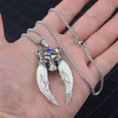 Doğal Tibet 6,5cm Kurt Çift Dişli Kolye Beyaz Diş Kırmızı Göz - 6