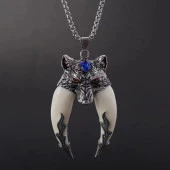 Doğal Tibet 6,5cm Kurt Çift Dişli Kolye Beyaz Diş Kırmızı Göz - 10