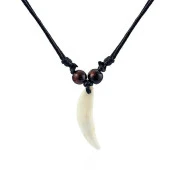 Doğal Tibet 3-4cm Kurt Dişi Kolye Beyaz Ayarlı İp Çift Boncuklu - 1