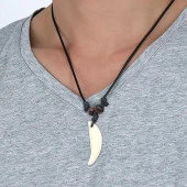 Doğal Tibet 3-4cm Kurt Dişi Kolye Beyaz Ayarlı İp Çift Boncuklu - 3