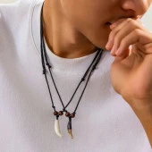 Doğal Tibet Beyaz 3-4cm Kurt Dişi Kolye Ayarlı İp Çift Boncuklu - 12