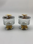 2'li Ayaklı Gümüş Timeless Cam Magnolia Kasesi, Kelebek Kapaklı Dondurmalık, Şekerlik, Çerezlik - 1