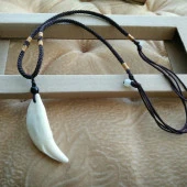 Doğal Tibet 3-4cm Kurt Dişi Kolye Beyaz Ayarlı Kordon İp 2 Boncuk - 5