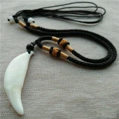 Doğal Tibet 3-4cm Kurt Dişi Kolye Beyaz Ayarlı Kordon İp 2 Boncuk - 11