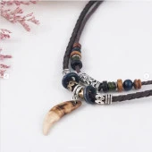 Doğal Tibet 3-4cm Kurt Dişi Muska Kolye Brown Ayarlı Boğma İp - 5