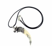 Doğal Tibet 7cm Kurt Dişi Kolye Beyaz Yele Ayarlı Deri Örgü İp - 6