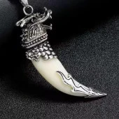 Doğal Tibet 7cm Kurt Dişi Kolye Beyaz Yele Ayarlı Deri Örgü İp - 10