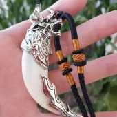 Doğal Tibet 7cm Alfa Kurt Dişi Kolye Beyaz Renk Ayarlı Örgü İp - 4