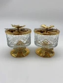 2'li Ayaklı Gold Timeless Cam Magnolia Kasesi, Kelebek Kapaklı Dondurmalık, Şekerlik, Çerezlik - 1