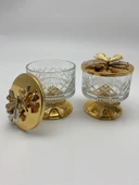 2'li Ayaklı Gold Timeless Cam Magnolia Kasesi, Kelebek Kapaklı Dondurmalık, Şekerlik, Çerezlik - 3
