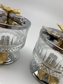 2'li Ayaklı Gümüş Elysia Cam Magnolia Kasesi, Kelebek Kapaklı Dondurmalık, Şekerlik, Çerezlik - 1