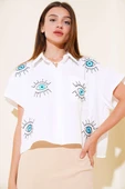 Göz Nakışlı Cepli Gömlek Ekru - 2