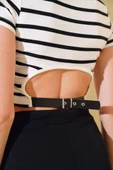 Arkası Kemerli Çizgili Crop Ekru thumbnail 4