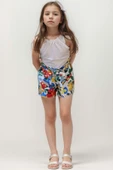Kız Çocuk Renkli Flower Baskı ve Halter Yaka White Bluz Şortlu Takım thumbnail 2